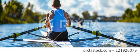 Strong rower with tense muscles competing in a thrilling rowing race - sport banner Strong rower with tense muscles competing in a thrilling rowing race - sport banner 121926079