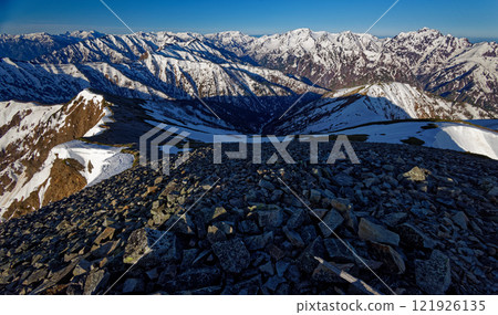 The Northern Alps mountain range from the summit of Mt. Kashima-Yari The Northern Alps mountain range from the summit of Mt. Kashima-Yari 121926135