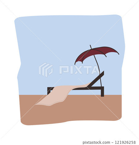 A lonely beach lounger under an umbrella stands on the sand of the beach under a blue sunny sky. Square scene. Landscape, resort view. Tourism and recreation. Vector illustration. 121926258