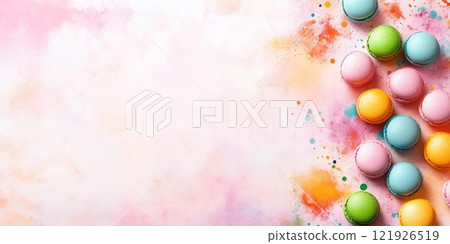 Colorful Macarons on a Vibrant Watercolor Background 121926519