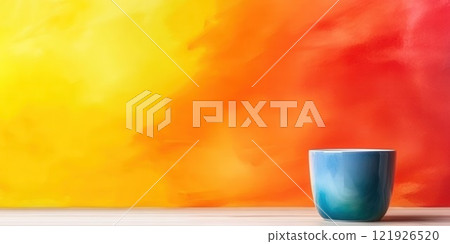 Vibrant Watercolor Background with a Blue Cup on a Wooden Surface 121926520