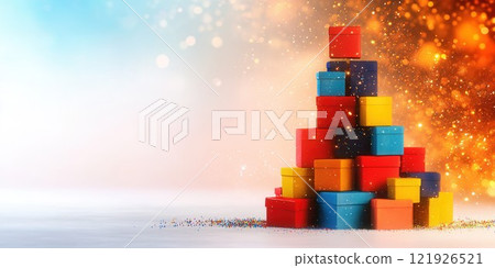 Colorful Stacked Boxes With Abstract Background and Glitter Effect 121926521