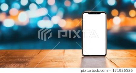 Blank Smartphone on Table Against Blurred Colorful Background Blank Smartphone on Table Against Blurred Colorful Background 121926526