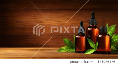 Three Amber Bottles of Essential Oil on Wooden Background 121926576