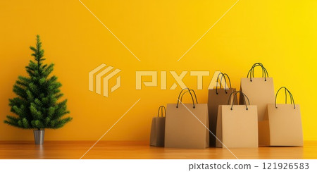 Shopping Bags and Christmas Tree on Bright Yellow Background Shopping Bags and Christmas Tree on Bright Yellow Background 121926583