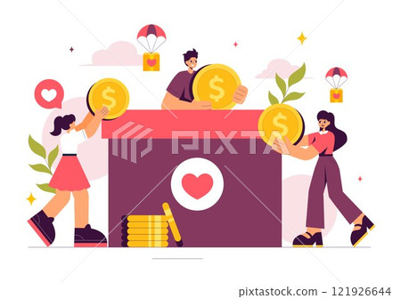 Fundraiser Vector Illustration featuring a Heart to Symbolize Support and Humanitarian Assistance, with Themes of Charity, Donation and Helping Others 121926644