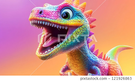 Rainbow dinosaur roaring with open mouth and spiky crest 121926863