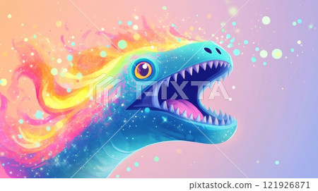 Rainbow fire dinosaur roaring with open mouth and sharp teeth Rainbow fire dinosaur roaring with open mouth and sharp teeth 121926871