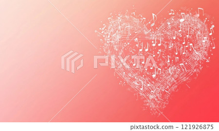 White music notes creating heart shape on pink background 121926875
