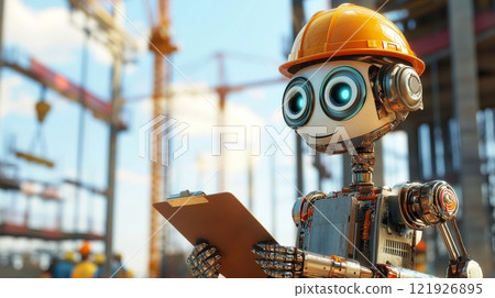 Robot foreman checking notes at construction site with cranes and blue sky 121926895
