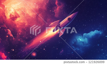 Spaceship flying through a colorful nebula in deep space 121926899