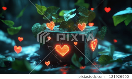 Glowing hearts growing from mysterious gift box in magical forest 121926900