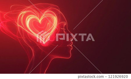 Woman feeling love: glowing heart emanating from head symbolizing passion and affection Woman feeling love: glowing heart emanating from head symbolizing passion and affection 121926920