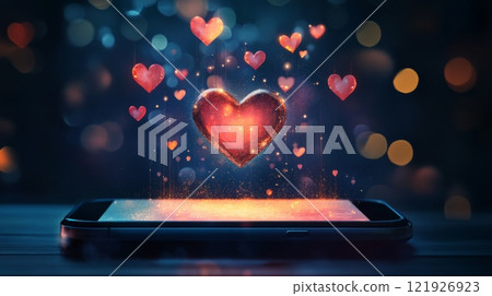 Glowing hearts floating from smartphone screen at night 121926923