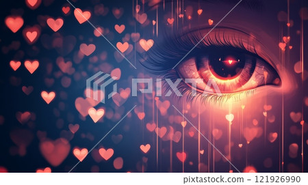 Woman's eye reflecting love and affection with floating hearts 121926990