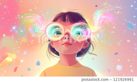 Little girl wearing big round glasses experiencing augmented reality, exploring metaverse and imagination 121926991