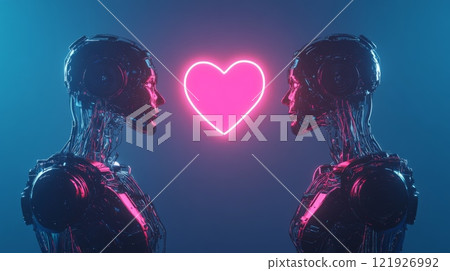 Two robots falling in love with neon heart: artificial intelligence and romance 121926992