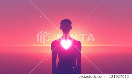 Man silhouette with glowing heart expressing love and compassion at sunset 121927013