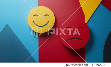 Happy and sad emojis showing opposite moods on colorful background Happy and sad emojis showing opposite moods on colorful background 121927098