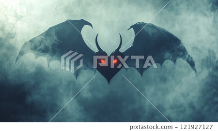 Devilish heart with wings and horns flying in foggy atmosphere 121927127