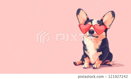 Adorable corgi puppy wearing heart-shaped sunglasses on pink background Adorable corgi puppy wearing heart-shaped sunglasses on pink background 121927242