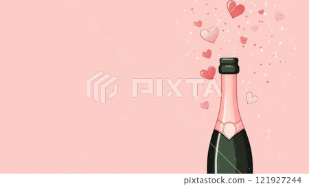 Romantic pink champagne bottle with floating hearts celebrating love and special occasions 121927244
