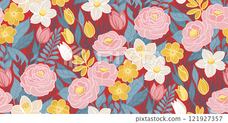 Seamless Half Drop Pattern of Flower Field Bright Pink, White, Yellow, Grey Colors on Red. Great for Textile, Surface, Wallpaper, Wrapping, Fabric, Decor Ornament, Craft Paper. Seamless Half Drop Pattern of Flower Field Bright Pink, White, Yellow, Grey Colors on Red. Great for Textile, Surface, Wallpaper, Wrapping, Fabric, Decor Ornament, Craft Paper. 121927357