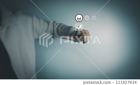 Satisfaction concept of customer, express their opinions, answers and satisfied scores, client is satisfied with pressing 5 stars icon, excellent service, good feedback from user Satisfaction concept of customer, express their opinions, answers and satisfied scores, client is satisfied with pressing 5 stars icon, excellent service, good feedback from user 121927634