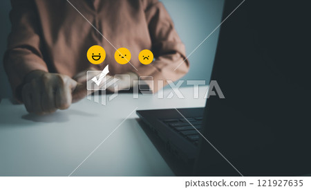 Satisfaction concept of customer, express their opinions, answers and satisfied scores, client is satisfied with pressing 5 stars icon, excellent service, good feedback from user Satisfaction concept of customer, express their opinions, answers and satisfied scores, client is satisfied with pressing 5 stars icon, excellent service, good feedback from user 121927635