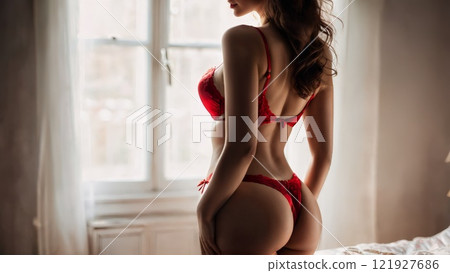 Red silk lingerie back view of a woman with an hourglass figure natural light delicate 121927686