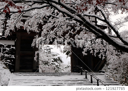 Stairs to the castle gate and snow-covered trees 121927785
