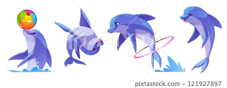 Cute dolphin character set in playful poses Cute dolphin character set in playful poses 121927897