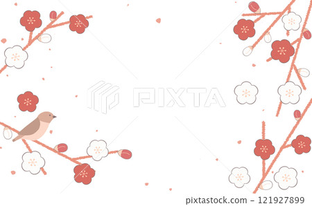Japanese frame material of plum blossoms and Japanese bush warblers 121927899