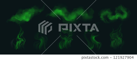 Green smoke clouds set isolated on black 121927904
