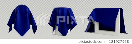 Cover cloth reveal showing draped blue fabric 121927938