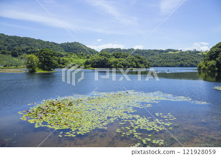 A view of Tanazugaike Pond in summer with a water bike running. Tanazugaike Pond, Tottori Prefecture 121928059