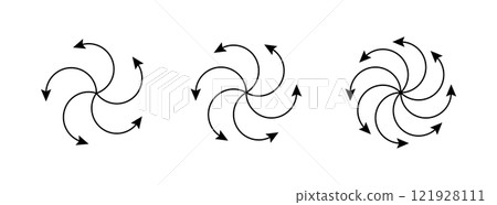 Radial spiral arrow icons set. Line centrifuge concentric arrows. Motion spin swirl lines. Expand burst icon. Vector illustrations isolated on white background 121928111