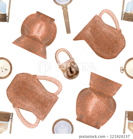 Clay jars, magnifying glass, lock, watch rusty antique watercolor seamless pattern isolated on white, hand drawn design elements. Perfect for wrapping paper, textile, souvenir decor. Ancient clip art Clay jars, magnifying glass, lock, watch rusty antique watercolor seamless pattern isolated on white, hand drawn design elements. Perfect for wrapping paper, textile, souvenir decor. Ancient clip art 121928137