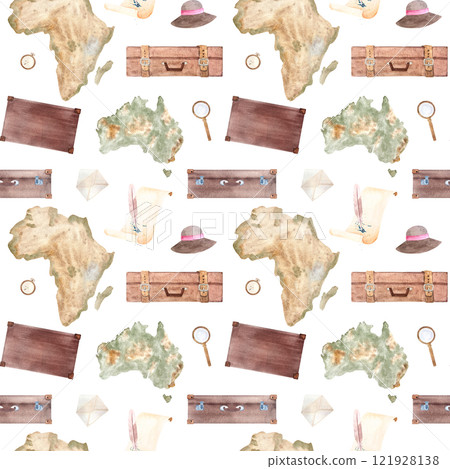 Suitcases, parchment with Australia, Africa map, sun hat, magnifying glass watercolor seamless pattern isolated on white. Hand drawn for stationary, souvenir decor and design, wrapping paper. Vintage 121928138