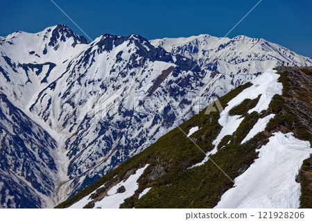 從北阿爾卑斯山芝岳的中峰看到的南峰、張之木山和藥師山 121928206