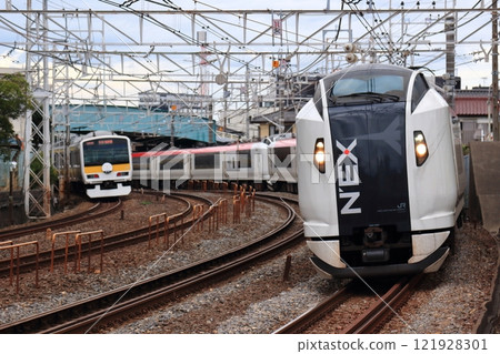 The Narita Express moves steadily along the quadruple track of the Sobu Line. 121928301