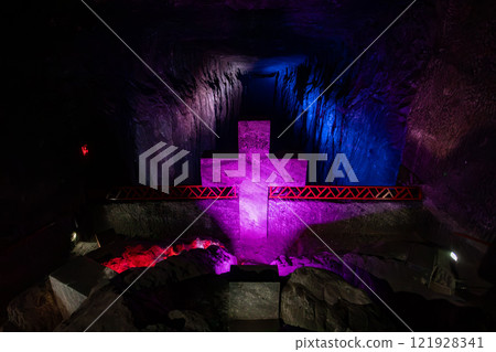 Magnificent cross glows with spiritual light in famous underground Catedral de Sal (Salt Cathedral) of Zipaquira, Colombia Magnificent cross glows with spiritual light in famous underground Catedral de Sal (Salt Cathedral) of Zipaquira, Colombia 121928341