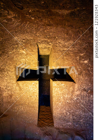 Magnificent cross glows with spiritual light in famous underground Catedral de Sal (Salt Cathedral) of Zipaquira, Colombia Magnificent cross glows with spiritual light in famous underground Catedral de Sal (Salt Cathedral) of Zipaquira, Colombia 121928343
