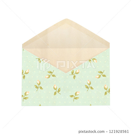 Font view of blank vintage opened paper envelope with cute romantic pattern. Old envelope with rose flowers in shabby chic style for scrapbooking design. Isolated on white background Font view of blank vintage opened paper envelope with cute romantic pattern. Old envelope with rose flowers in shabby chic style for scrapbooking design. Isolated on white background 121928561