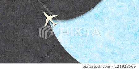 Simple background with airplane in paper cut style. Cutout paper jet on carton backdrop. Copy space for text. Traveling the world, air travel, trip abroad on vacation, cruises and tours concept 121928569