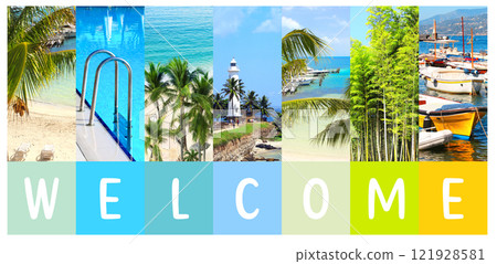 Welcome to summer. Travel, rest, vacation and holiday concept. Horizontal resort banner with bright colourful scenes. View of ocean, palm, yachts, swimming pool, bamboo forest, beach, lighthouse 121928581