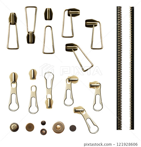 Set of zipper or fastener. Pullers and zippers for clothes and garments. Collection of simple metal components for fastening piece of clothing. Isolated on white background Set of zipper or fastener. Pullers and zippers for clothes and garments. Collection of simple metal components for fastening piece of clothing. Isolated on white background 121928606