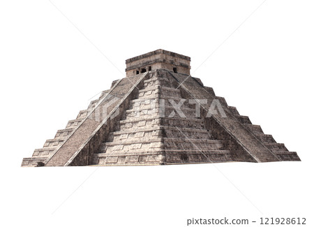 Ancient stone Mayan pyramid (Kukulcan Temple), Chichen Itza, Yucatan, Mexico. The topic of summer vacation, travel, trip abroad on vacation, cruises and tours. Isolated on white background Ancient stone Mayan pyramid (Kukulcan Temple), Chichen Itza, Yucatan, Mexico. The topic of summer vacation, travel, trip abroad on vacation, cruises and tours. Isolated on white background 121928612