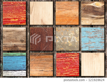Horizontal background with wooden pattern of different colors. Samples textures of wooden flooring laminate. Parquet timber sample set. Natural material template. Collection of lumber texture 121928624