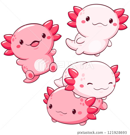 Set of axolotl in kawaii style. Lovely axolotl baby in different poses. Cute axolotl expression sheet collection. Can be used for t-shirt print, sticker, greeting card. Vector illustration EPS8 121928693